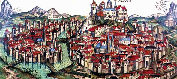 Medieval vista on Krakow and Kazimierz, Jewish Quarter in Krakow located on an island on Vistula River; 1493 woodcut from Hartmann Schedel's Nuremberg Chronicle 