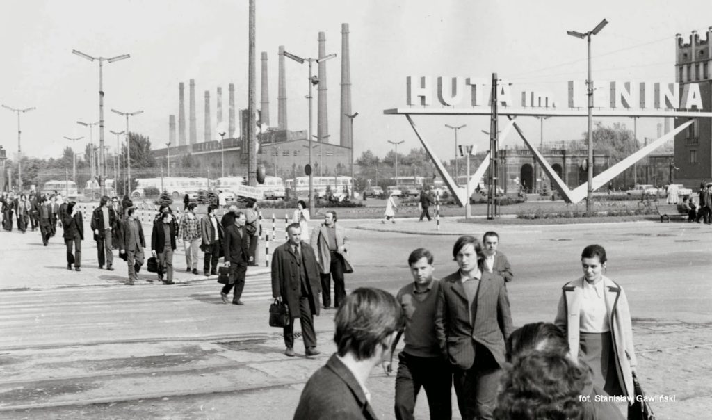 Employees outside the Lenin Steelwork, photography circa 1970