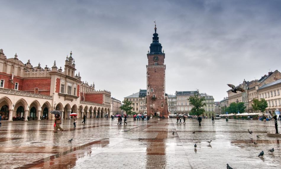 Krakow Main Square, view on the Cloth Hall and Town Hall Tower, Poland