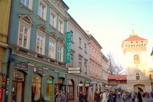 Florianska street with famous St. Florian Gate houses many prestigious hotels and cheaper accommodation