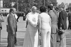 John Paul II welcomed in Krakow Airport during his 1979 pilgrimage to Poland