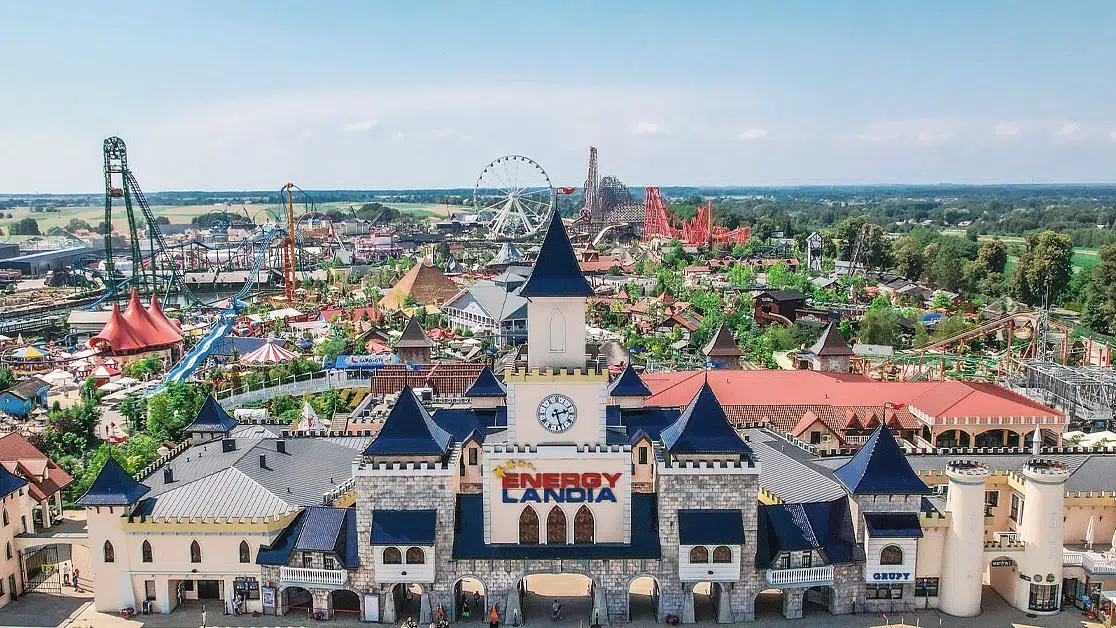 Main Gate to Energylandia Amusement Park with view of many of its attractions