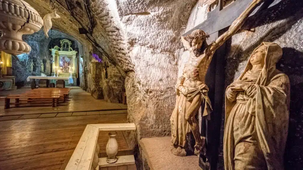 Salt carved chapel in one of the most important salt mines in Europe - the Bochnia Royal Salt Mine, Poland.