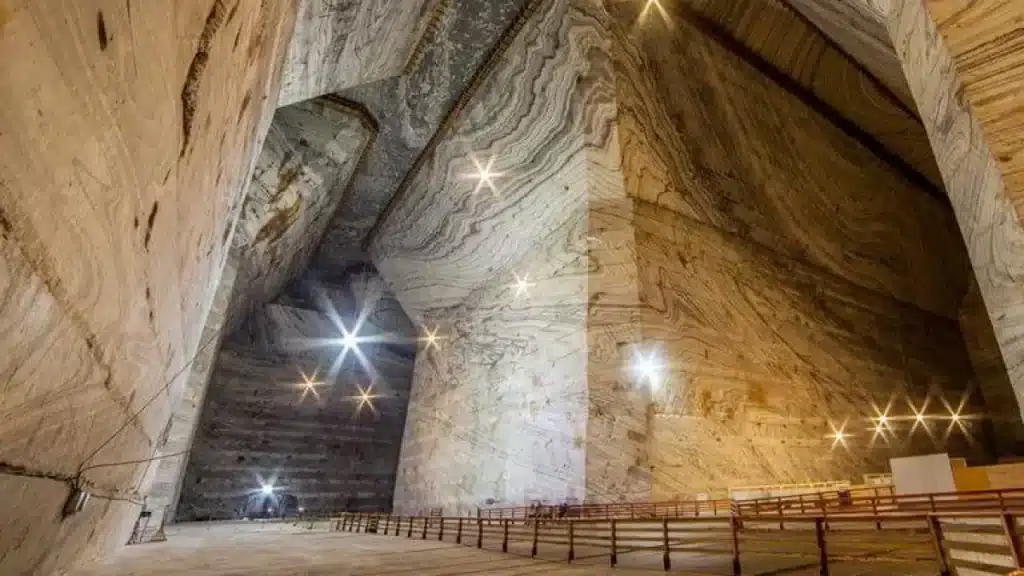 Massive salt hall in the Slanic Prahova Mine in Europe.