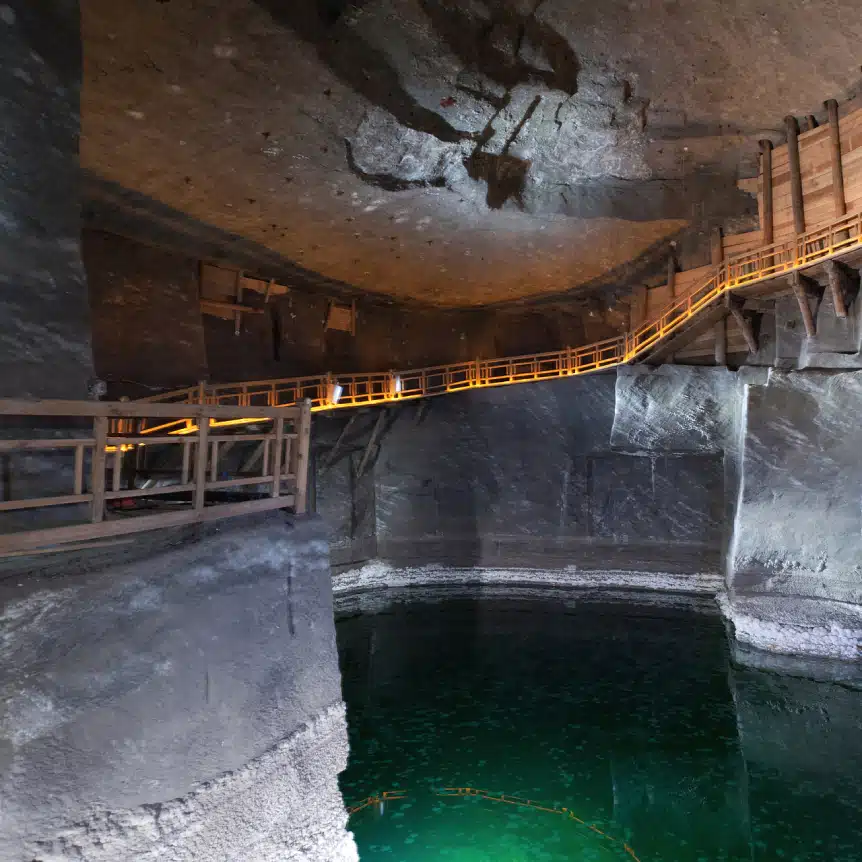 An underground lake in the Wieliczka Salt Mine. It features some of the most beautiful underground places in the world.