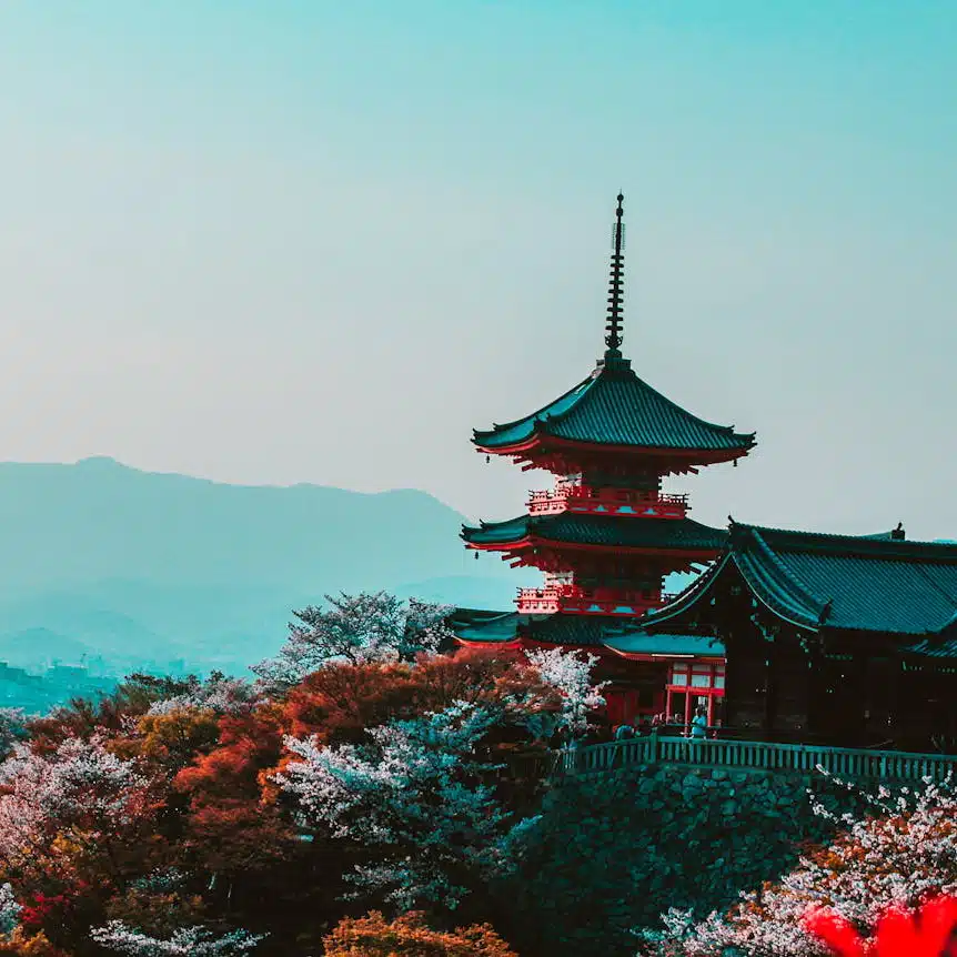 The Kiyomizudera Temple in Kyoto, Japan - one of the best places to see Japanese cherry blossoms.